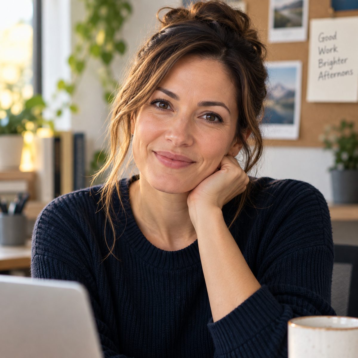 Photo of Corinne, the creator of the Midday Reset Protocol, smiling at her desk.